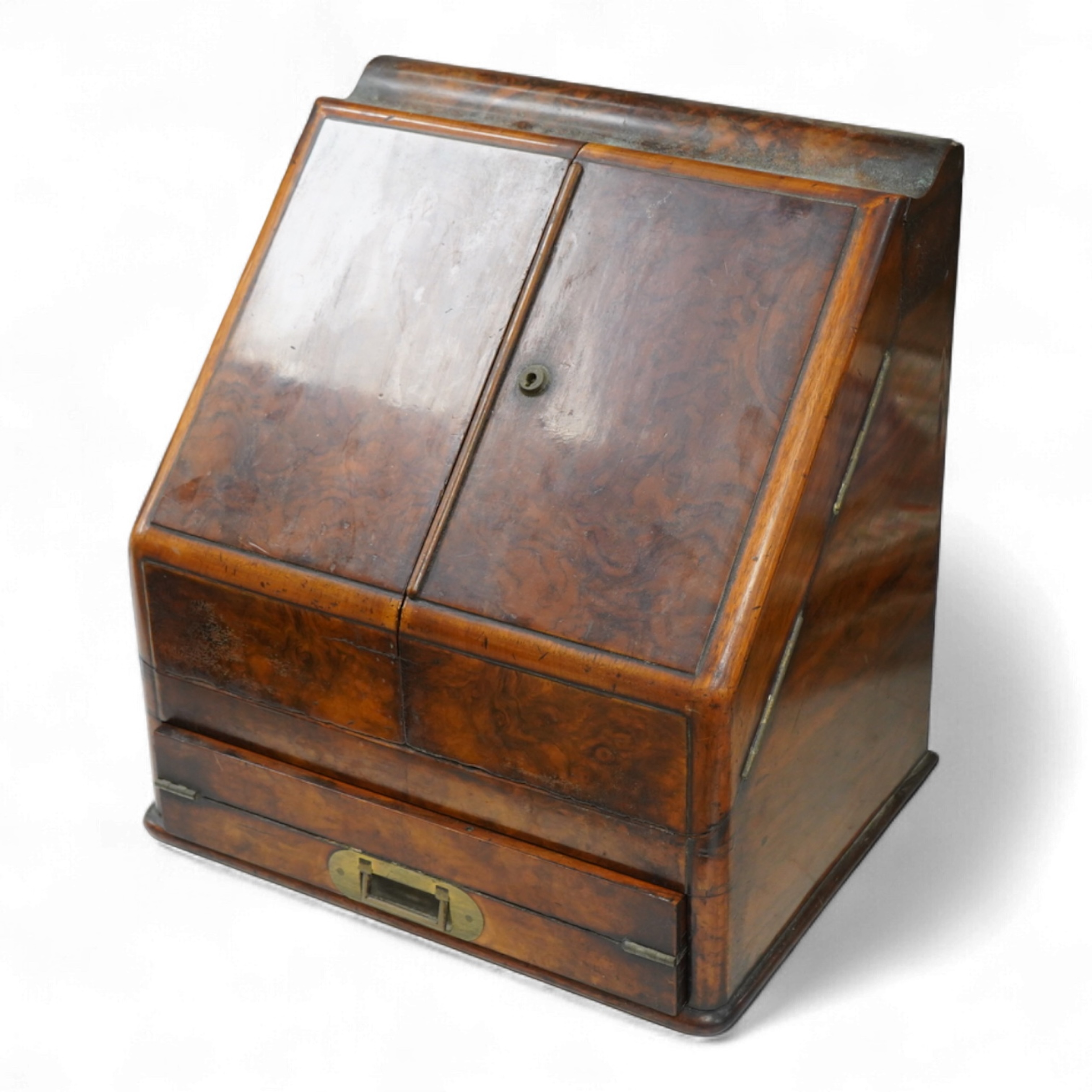 A Victorian burr wood stationary casket with calendar and two glass ink wells, 35cm high